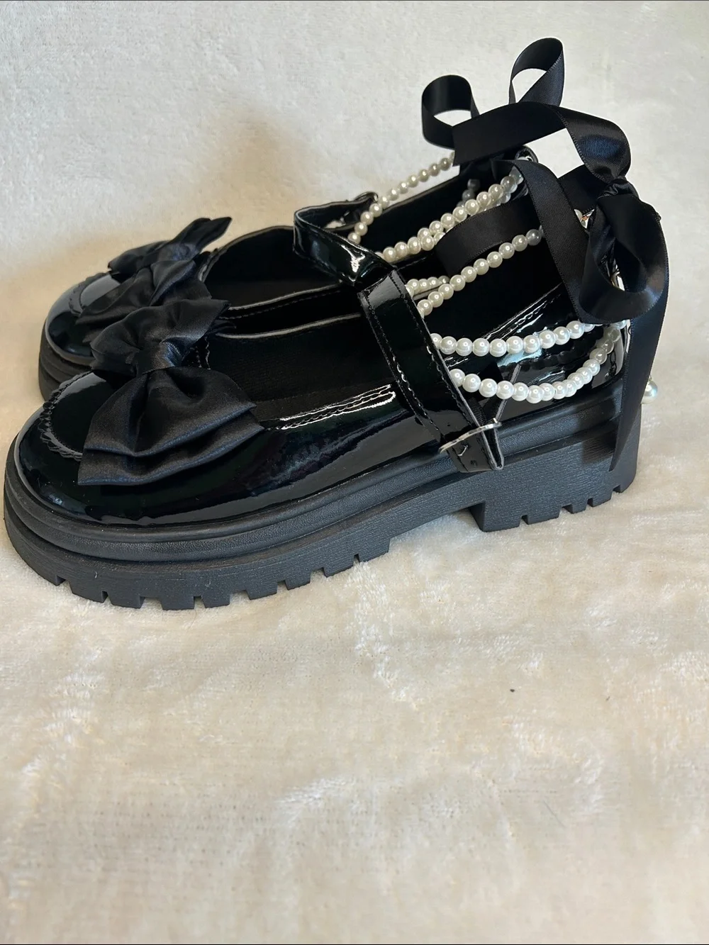 Black Patent Mary Jane Lug Sole Platform Shoe Pearl Ankle Strap Bows Women 37 EU